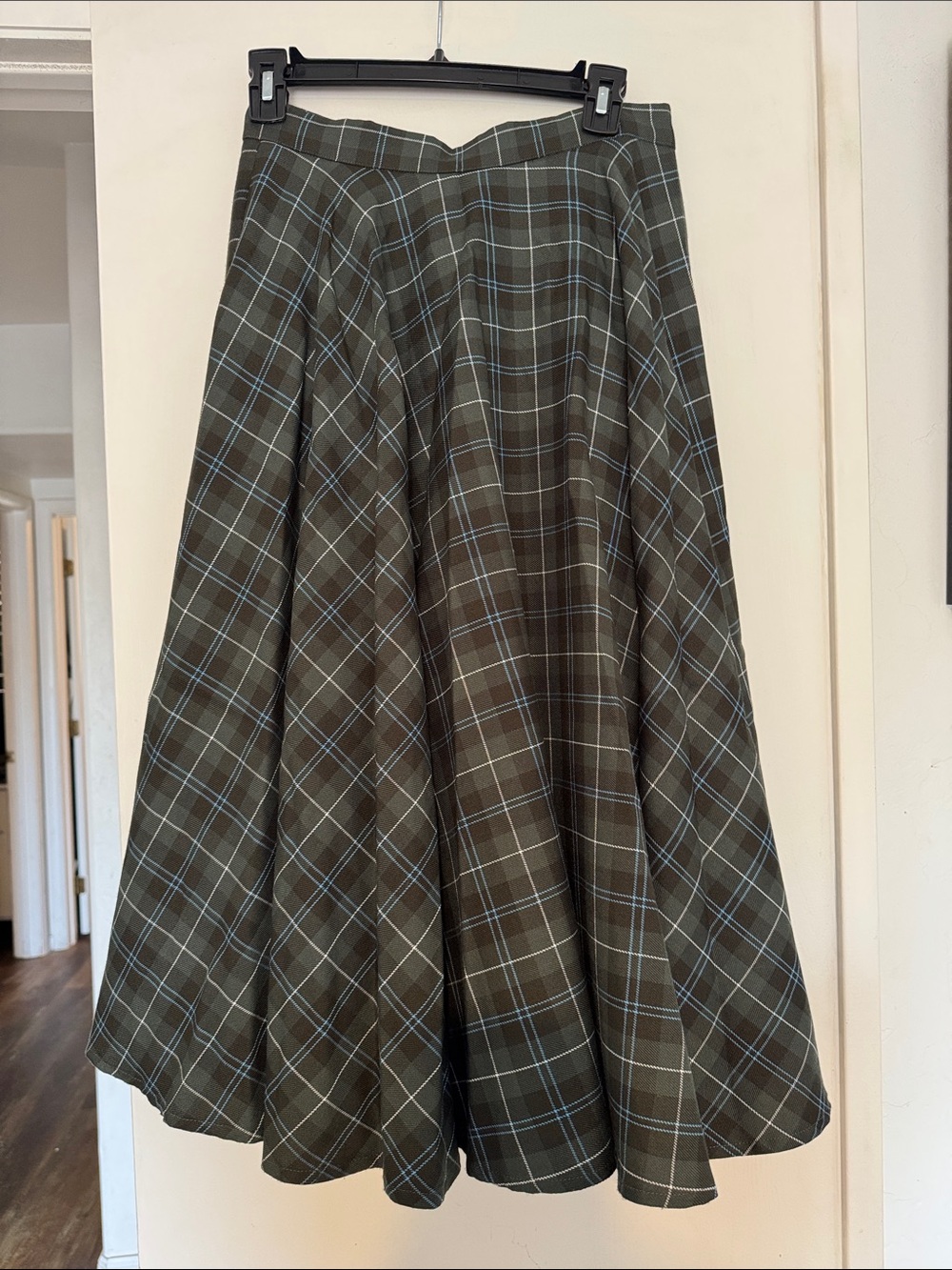 Vivian of Holloway Olive Green Plaid Circle Skirt with Blue Windowpane, 14